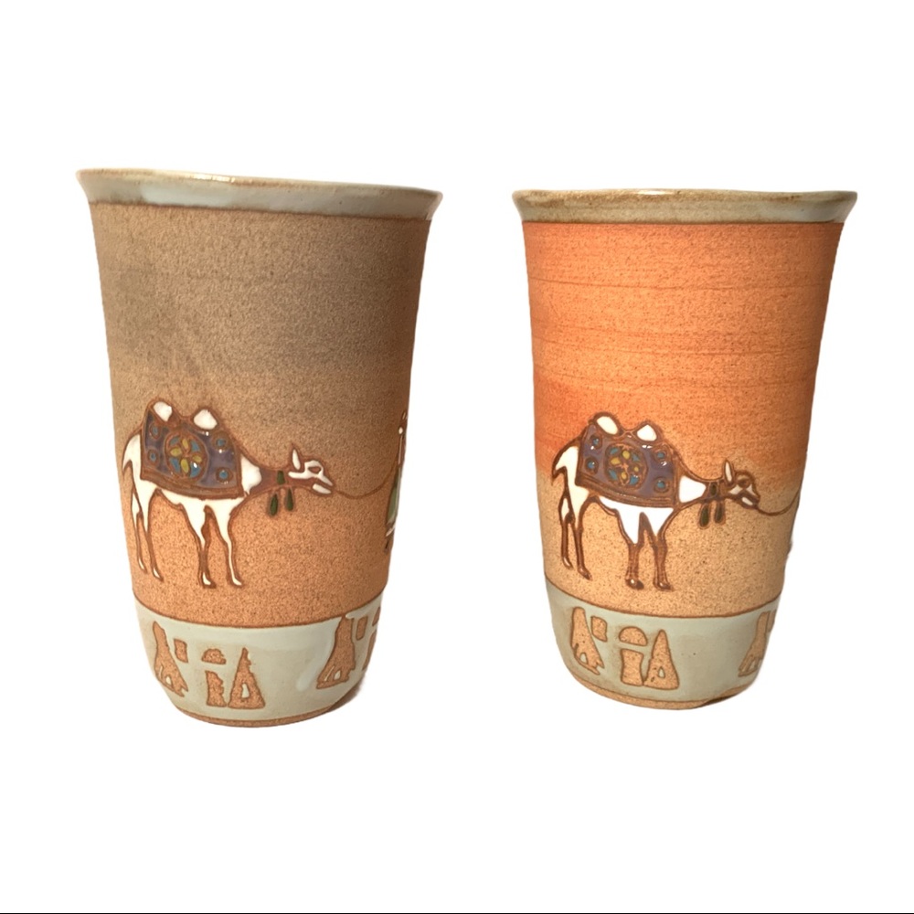 Artist Studio Stoneware Camel Sherpa Hand Crafted Pottery Tea Cups Marked
